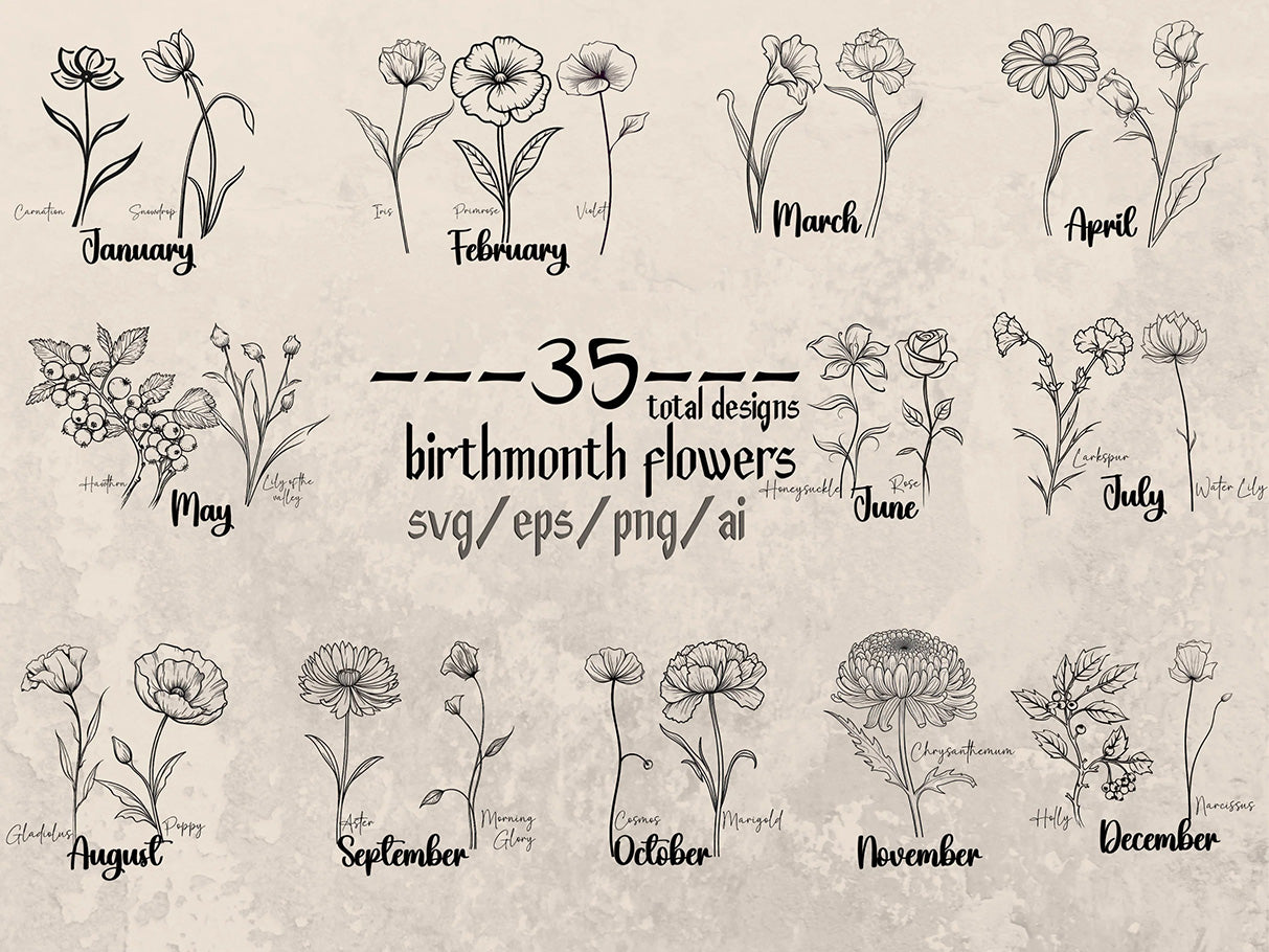 Birth Month Flowers SVG Bundle, PNG, PDF, Birthday Flower SVG | Clipart | birth flower svg, birth month png, birth month svg, birthday flower svg, botanical svg, daisy svg, floral svg, flower bundle svg, flower cllipart, flower svg, imported_from_etsy, imported_from_etsy_24626, poppy svg, rose svg, wildflower svg | Gabe Atkins Designs