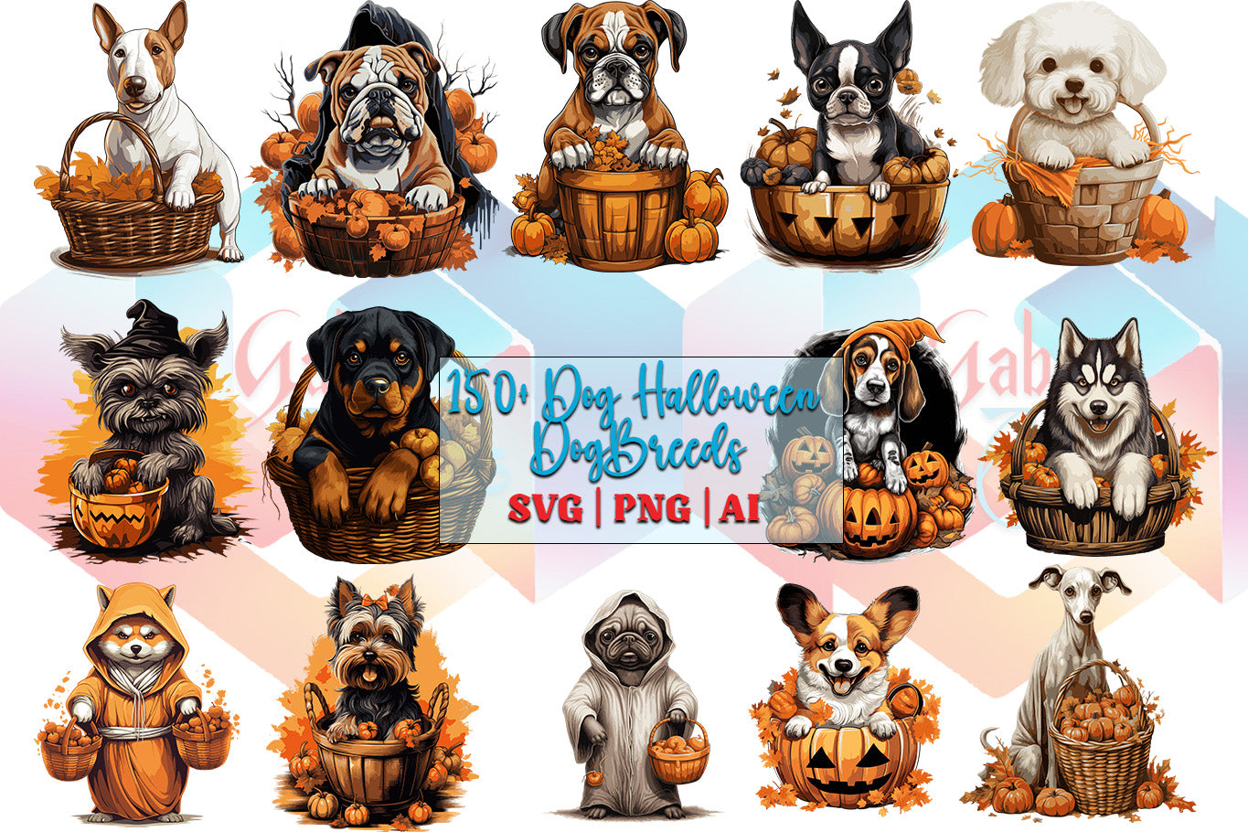 Halloween Dogs Clipart Bundle Sublimation Design | Over 50 Dog Breeds | Halloween Dog Clipart Bundle