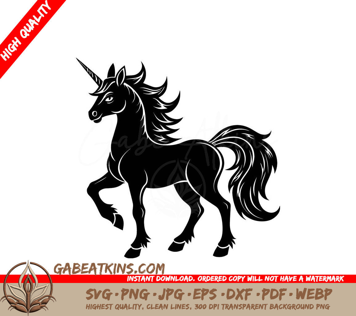 A Black And White Silhouette Of A Unicorn On Its Hind Legs SVG - A black and white illustration of a unicorn SVG