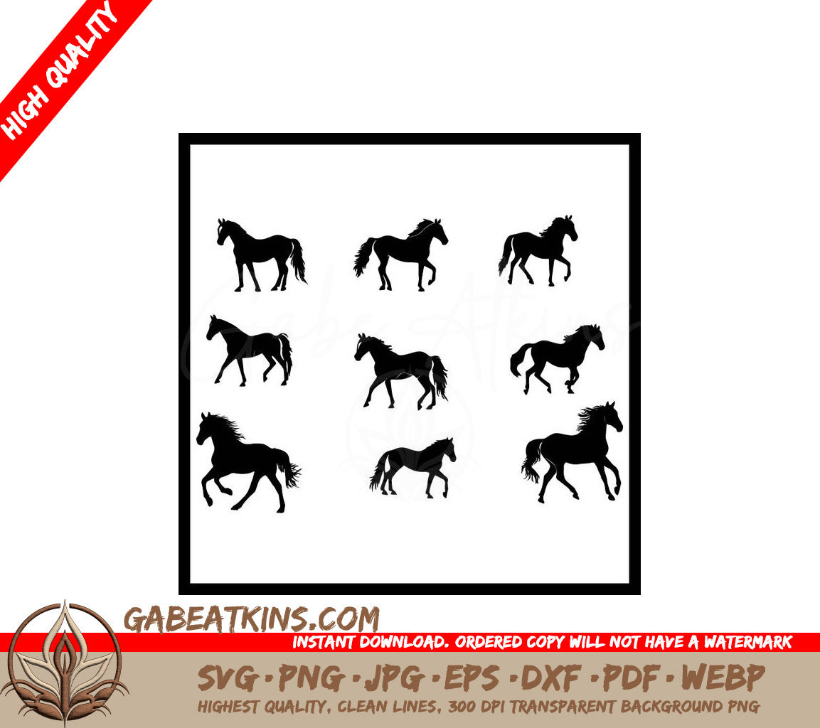 A Set Of Silhouettes Of Horses In Different Poses SVG - A black and white silhouette picture of horses and horses SVG