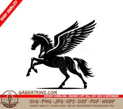 A Horse With Wings SVG - A black horse with wings that says pegasus on it SVG