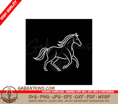 A White Horse Is Running On A Black Background . SVG - A simple elegant line art illustration of a horse running rendered in gold against a black background Elegant line art depicting a horse in motion SVG