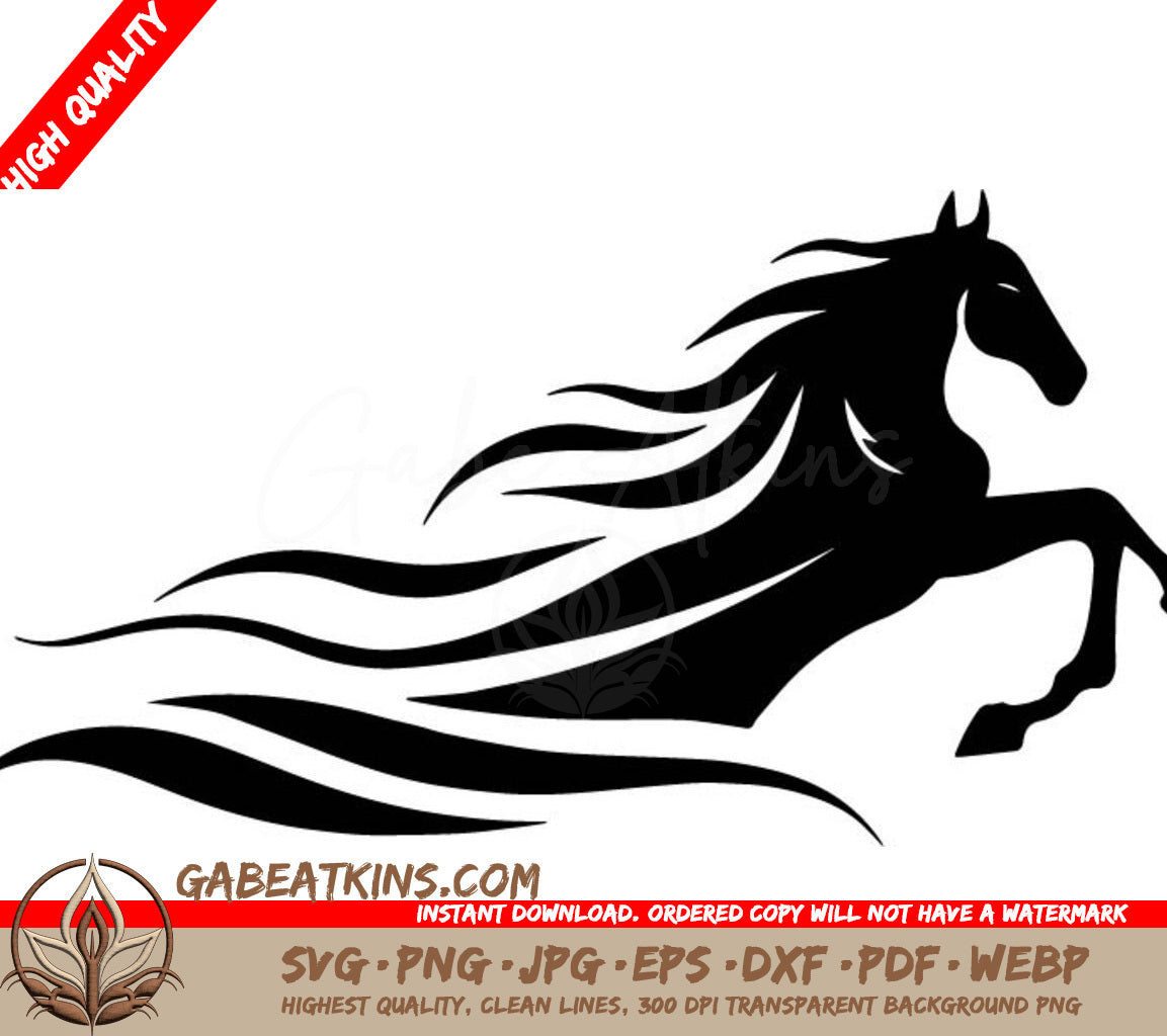 A Black And White Silhouette Of A Horse With A Long Mane . SVG - A stylized vector drawing of a horse head with bold clean lines and minimal shading SVG