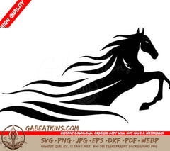 A Black And White Silhouette Of A Horse With A Long Mane . SVG - A stylized vector drawing of a horse head with bold clean lines and minimal shading SVG