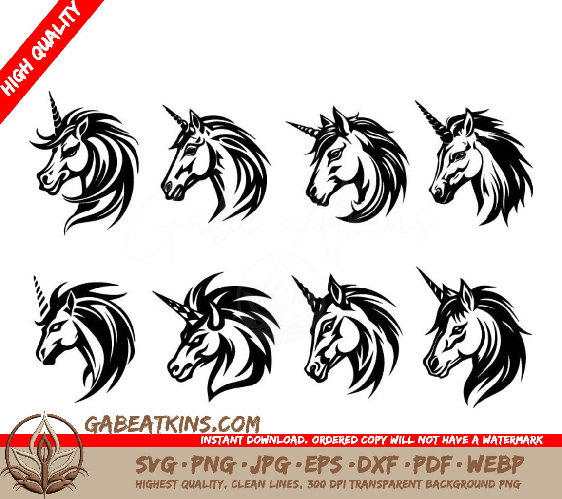 A Set Of Black And White Unicorn Heads On A White Background SVG - A vector set of unicorn silhouette illustrations SVG