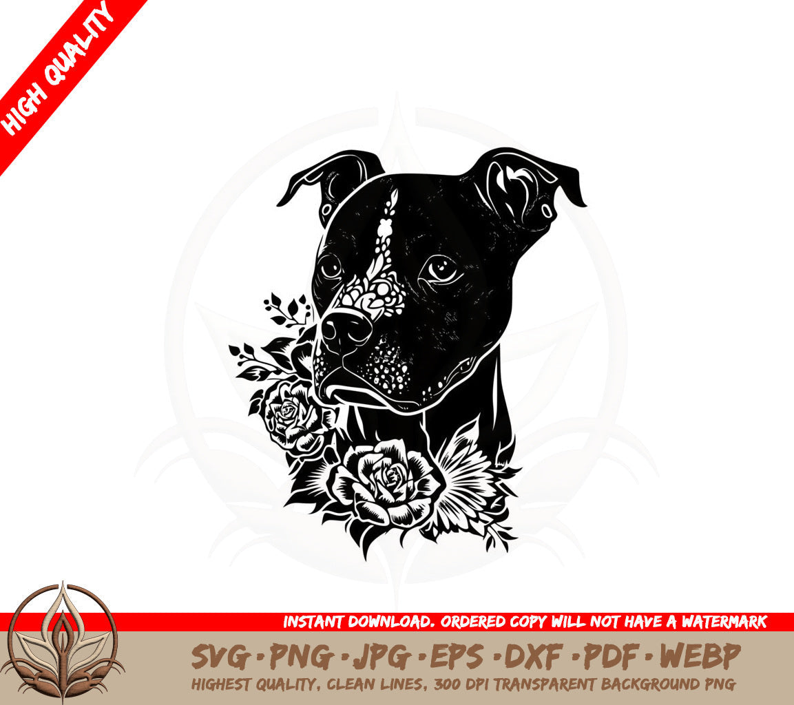 American Staffordshire Terrier with Flowers SVG PNG JPG AI PDF DXF EPS and WebP Digital Download
