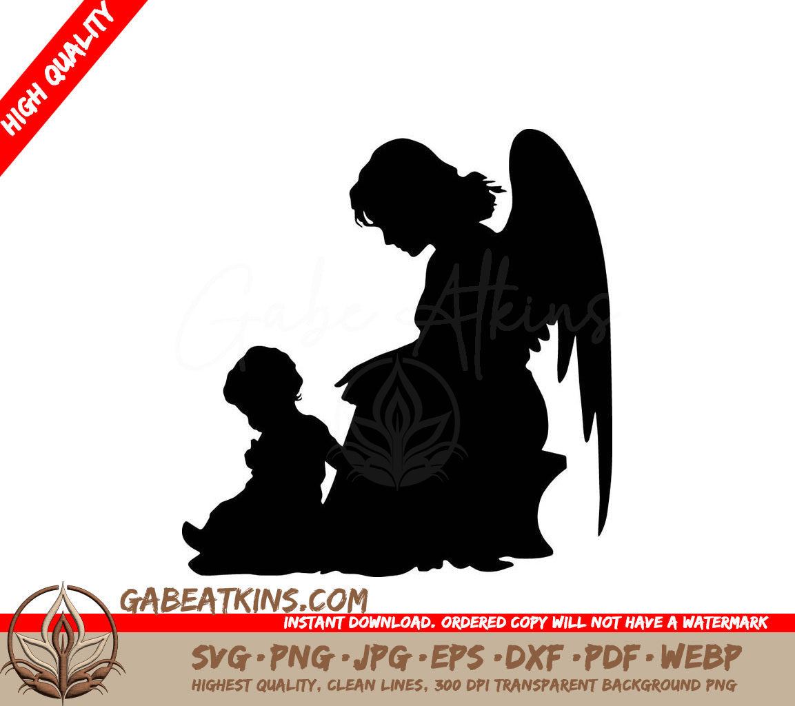 A Silhouette Of An Angel Sitting Next To A Child SVG - Angel and Child SVG
