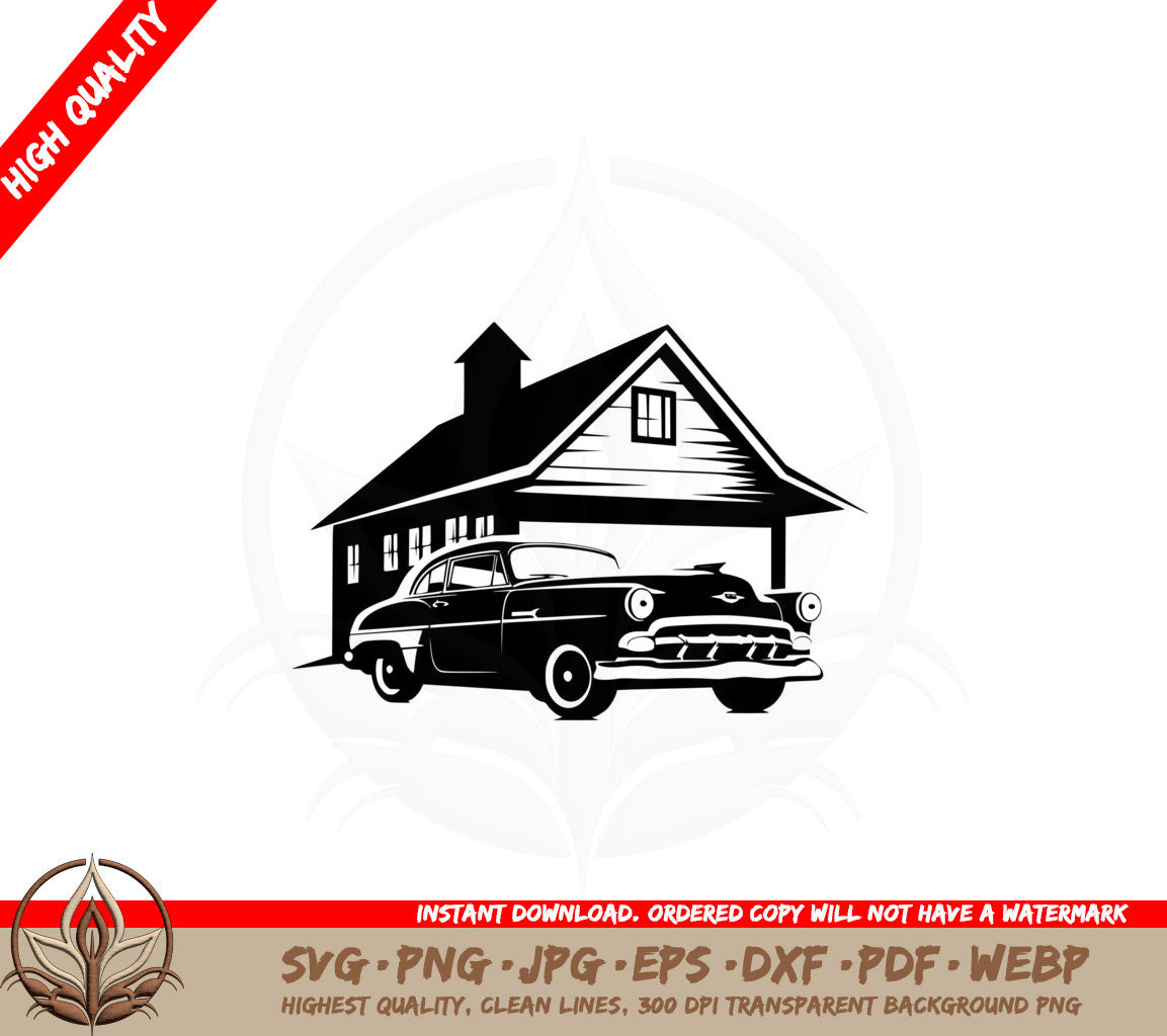 Antique Car in Driveway SVG PNG JPG AI PDF DXF EPS WebP Cut File