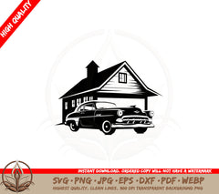 Antique Car in Driveway SVG PNG JPG AI PDF DXF EPS WebP Cut File
