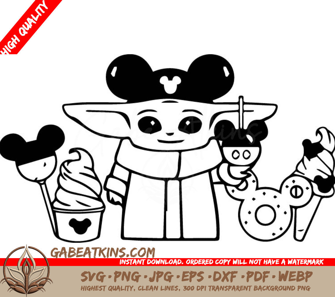 A Baby With Mickey Mouse Ears Holding Ice Cream And A Donut . SVG - Baby Yoda Snacks SVG SVG