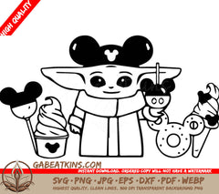 A Baby With Mickey Mouse Ears Holding Ice Cream And A Donut . SVG - Baby Yoda Snacks SVG SVG