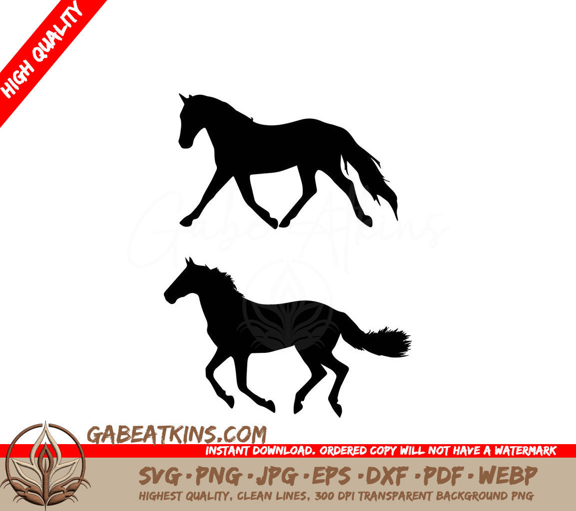 Two Silhouettes Of Horses Running On A White Background SVG - Beautiful horse pegasus unicorn run prancing silhouette SVG