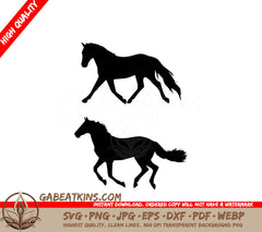 Two Silhouettes Of Horses Running On A White Background SVG - Beautiful horse pegasus unicorn run prancing silhouette SVG