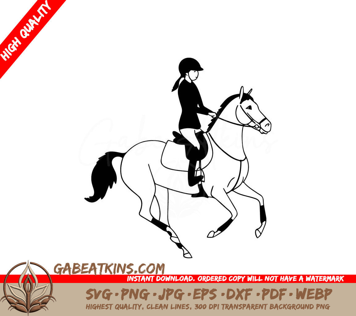 A Woman Riding A Horse SVG - Black and white minimalist drawing of a teenager riding a pony SVG