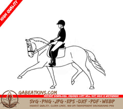 A Person Riding A Horse SVG - Black and white vector illustration A rider riding a spanish horse SVG