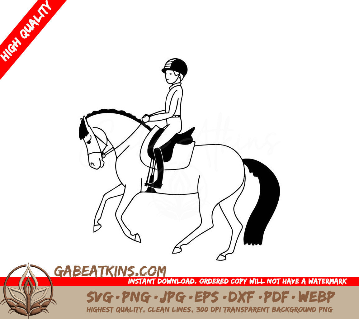 A Person Riding A Horse SVG - Black and white vector illustration of a boy riding a pony SVG