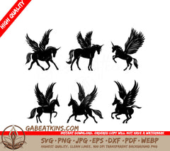 A Set Of Silhouettes Of Unicorns With Wings On A White Background SVG - Black silhouette set of unicorns isolated vector SVG