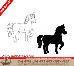 A Unicorn And Its Silhouette SVG - Black silhouette unicorn Design element Vector illustration isolated on white background Template for books stickers posters cards clothes SVG