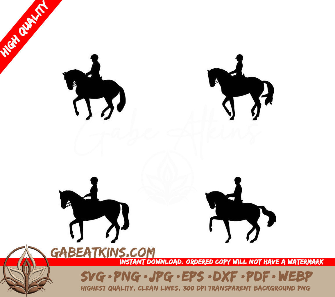 Four Silhouettes Of People Riding Horses On A White Background SVG - Black silhouettes of dressage horse doing piaffe in different ways SVG