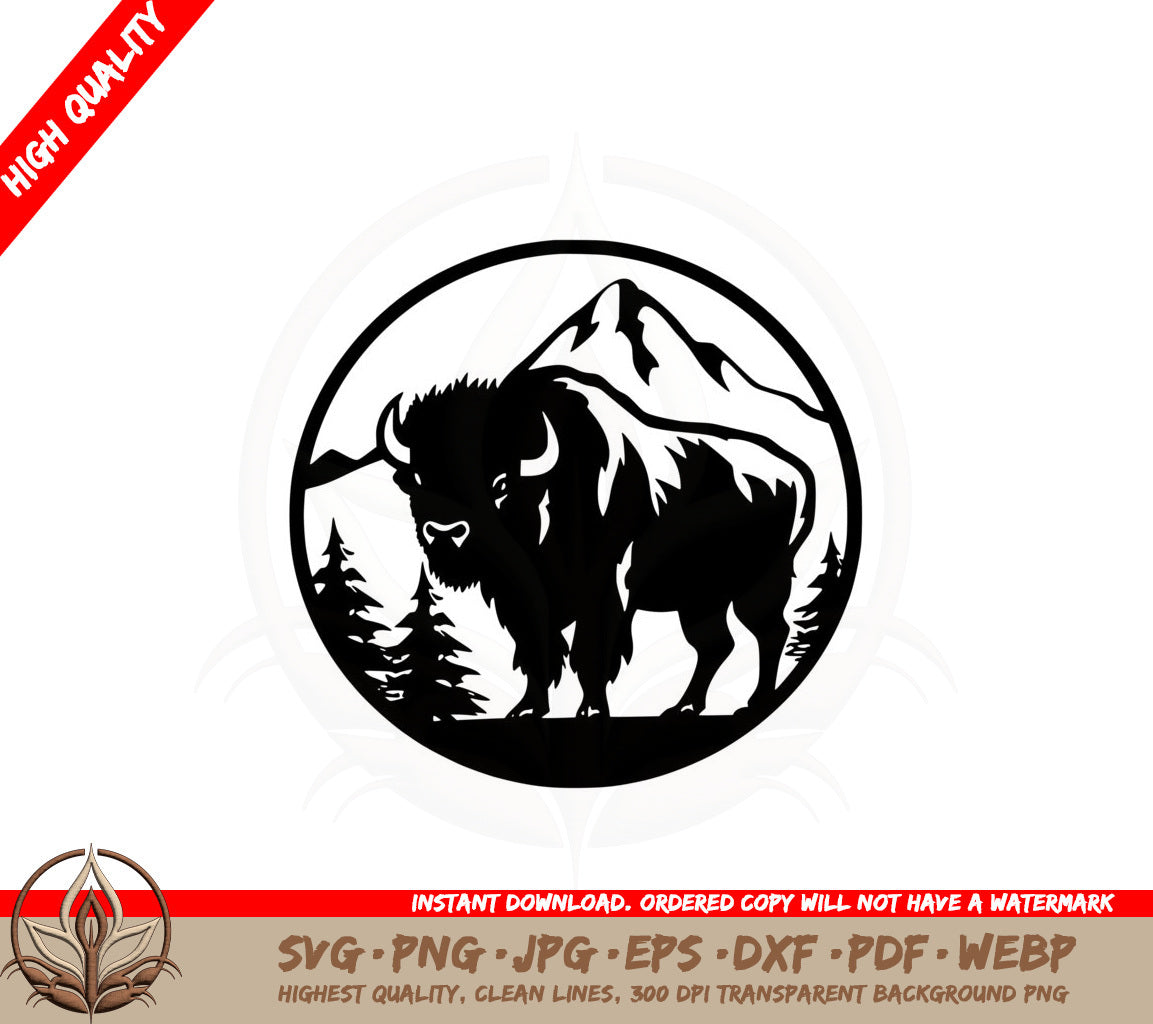 Buffalo with Trees and Mountain SVG