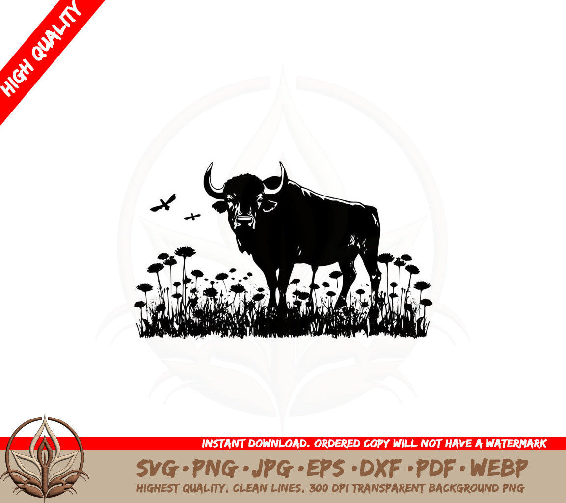 Bull Grazing in Flower Field SVG