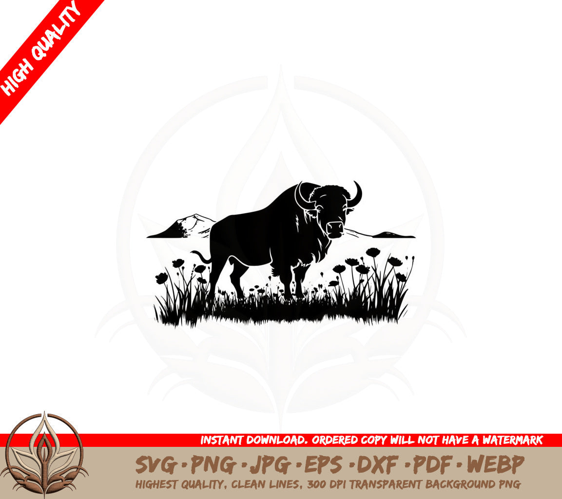 Bull Standing Among Wildflowers SVG