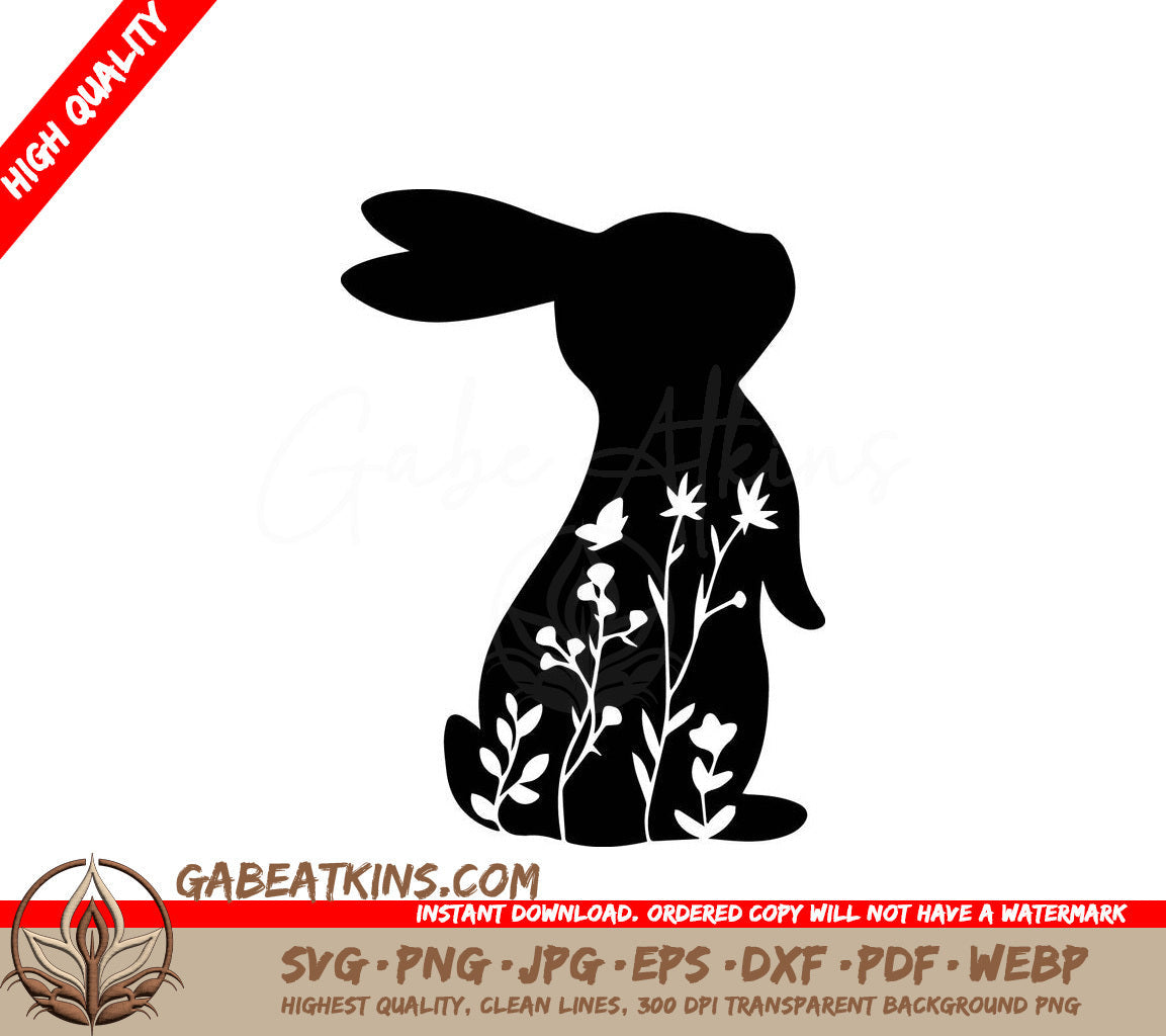 A Black And White Silhouette Of A Rabbit With Flowers And Leaves SVG - Bunny Flowers SVG SVG