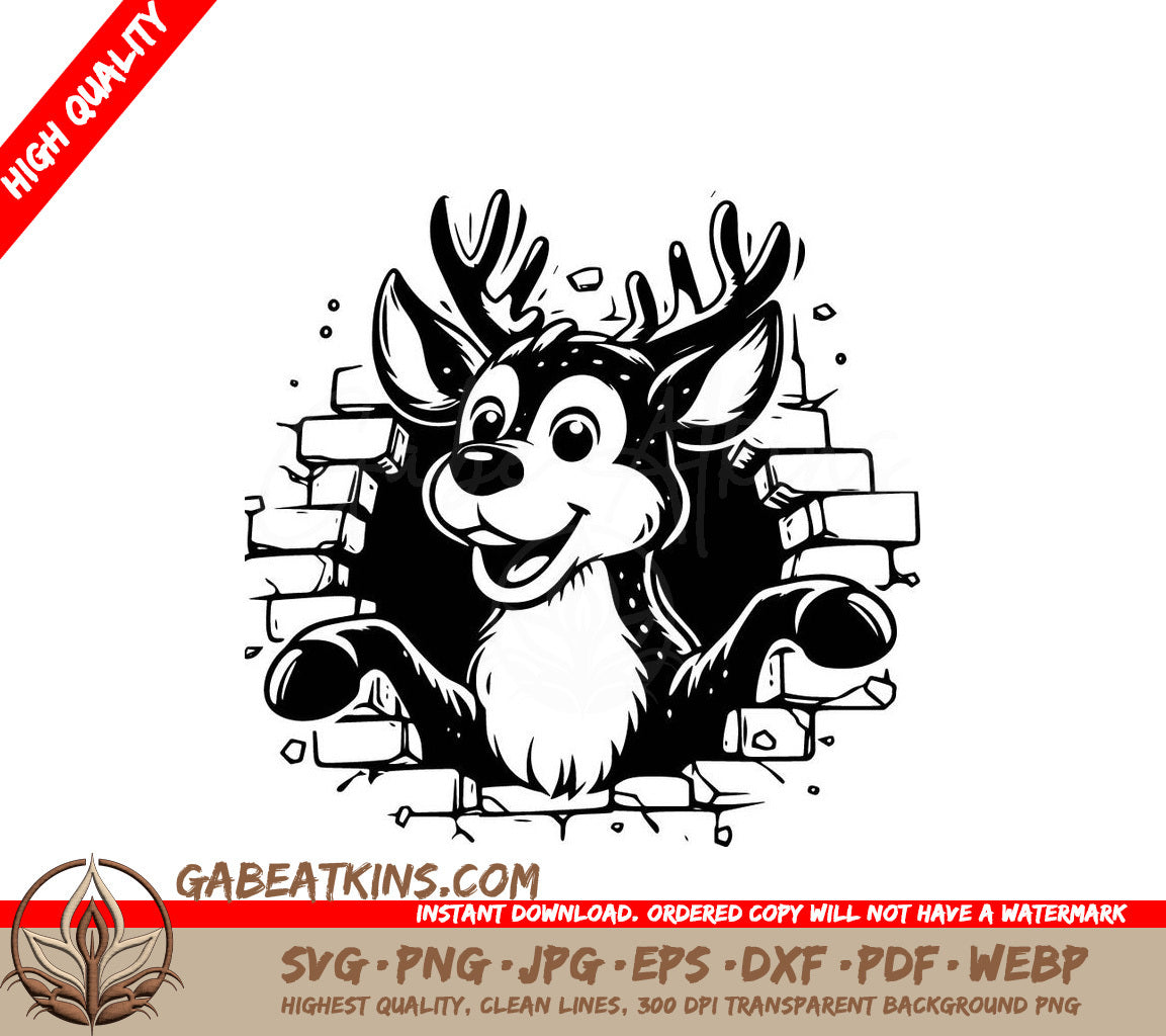 A Deer Peeking Through A Brick Wall SVG - Bursting Reindeer Breakout SVG