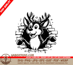 A Deer Peeking Through A Brick Wall SVG - Bursting Reindeer Breakout SVG