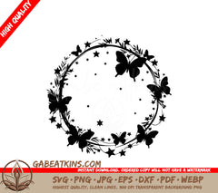 Butterflies Stardust Wreath SVG - A Circle Of Butterflies And Stars On A White Background