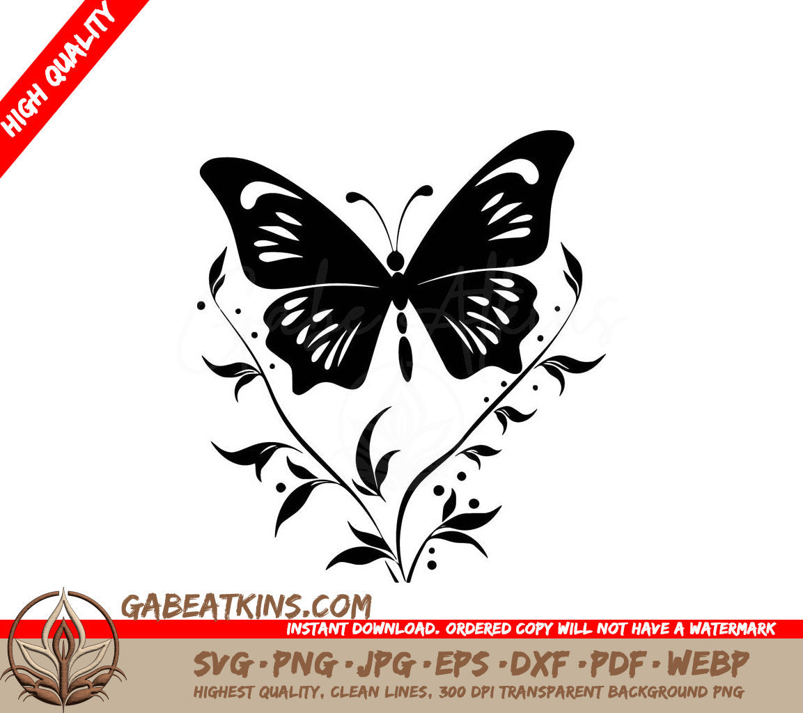 Butterfly Haven SVG - A Black And White Butterfly Is Surrounded By Leaves On A White Background