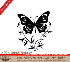 Butterfly Haven SVG - A Black And White Butterfly Is Surrounded By Leaves On A White Background