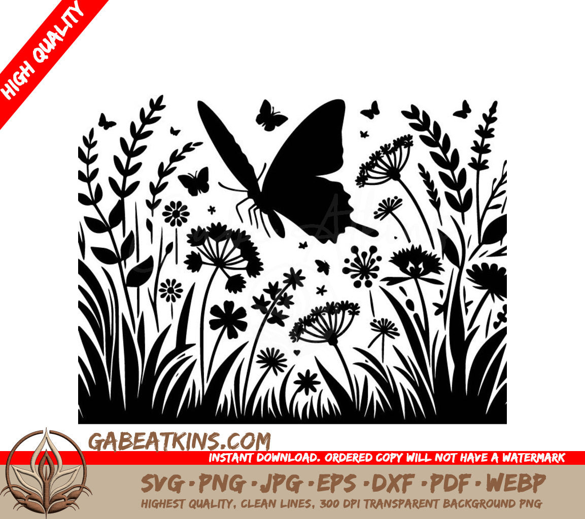 Butterfly Meadow Bliss SVG - A Butterfly Is Flying Over A Field Of Flowers