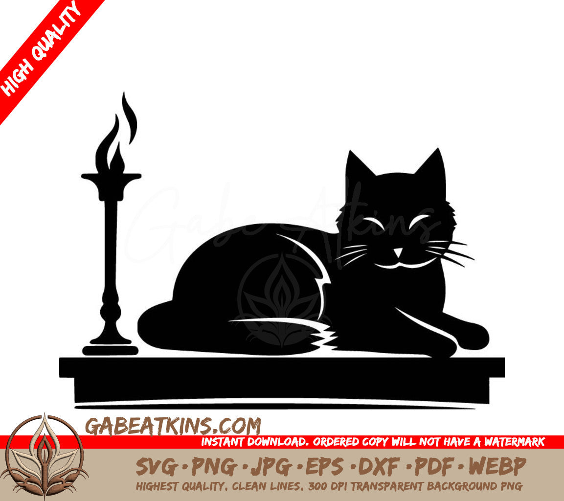 A Black Cat Is Laying On A Table Next To A Candle SVG - Candlelit Feline SVG