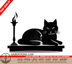 A Black Cat Is Laying On A Table Next To A Candle SVG - Candlelit Feline SVG