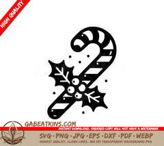 A Candy Cane With Holly Leaves SVG - Candy Cane Holiday SVG