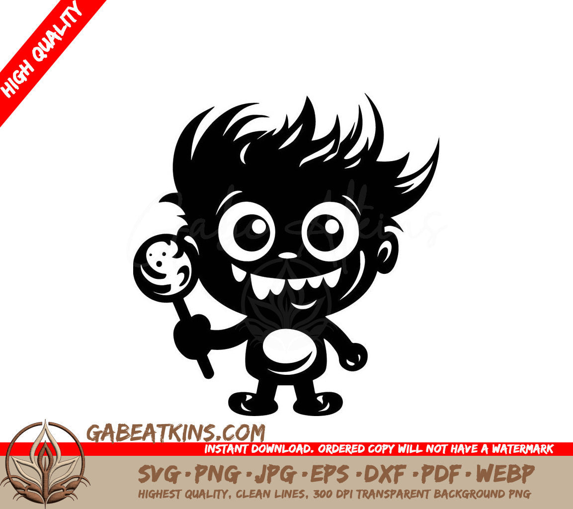 A Black And White Drawing Of A Monster Holding A Lollipop