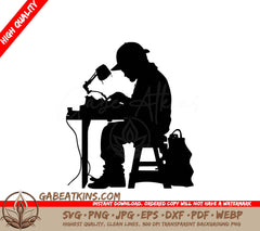 A Silhouette Of A Man Sitting At A Desk With A Lamp SVG - Carpenter at Work SVG