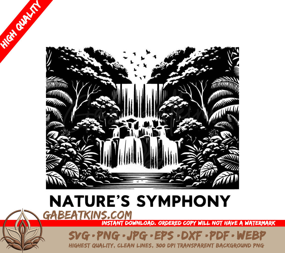 A Waterfall With The Words Natures Symphony Below It SVG - Cascading Waterfall SVG