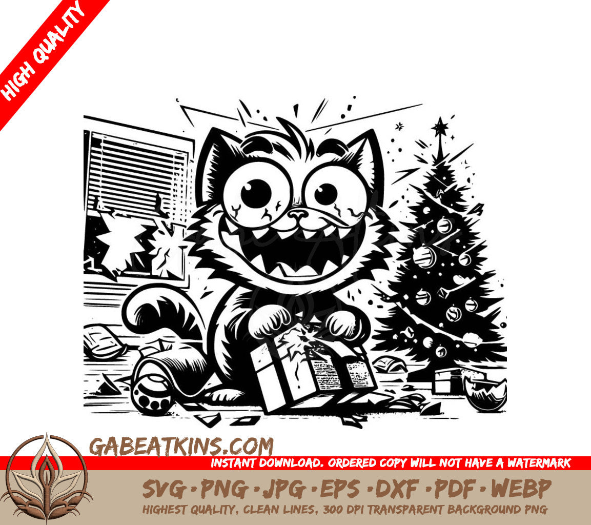 A Cat With A Christmas Tree In The Background SVG - Cat Christmas Chaos SVG