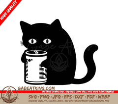 A Black Cat Is Drinking From A Can With A Straw SVG - Cat with Can of Tuna SVG