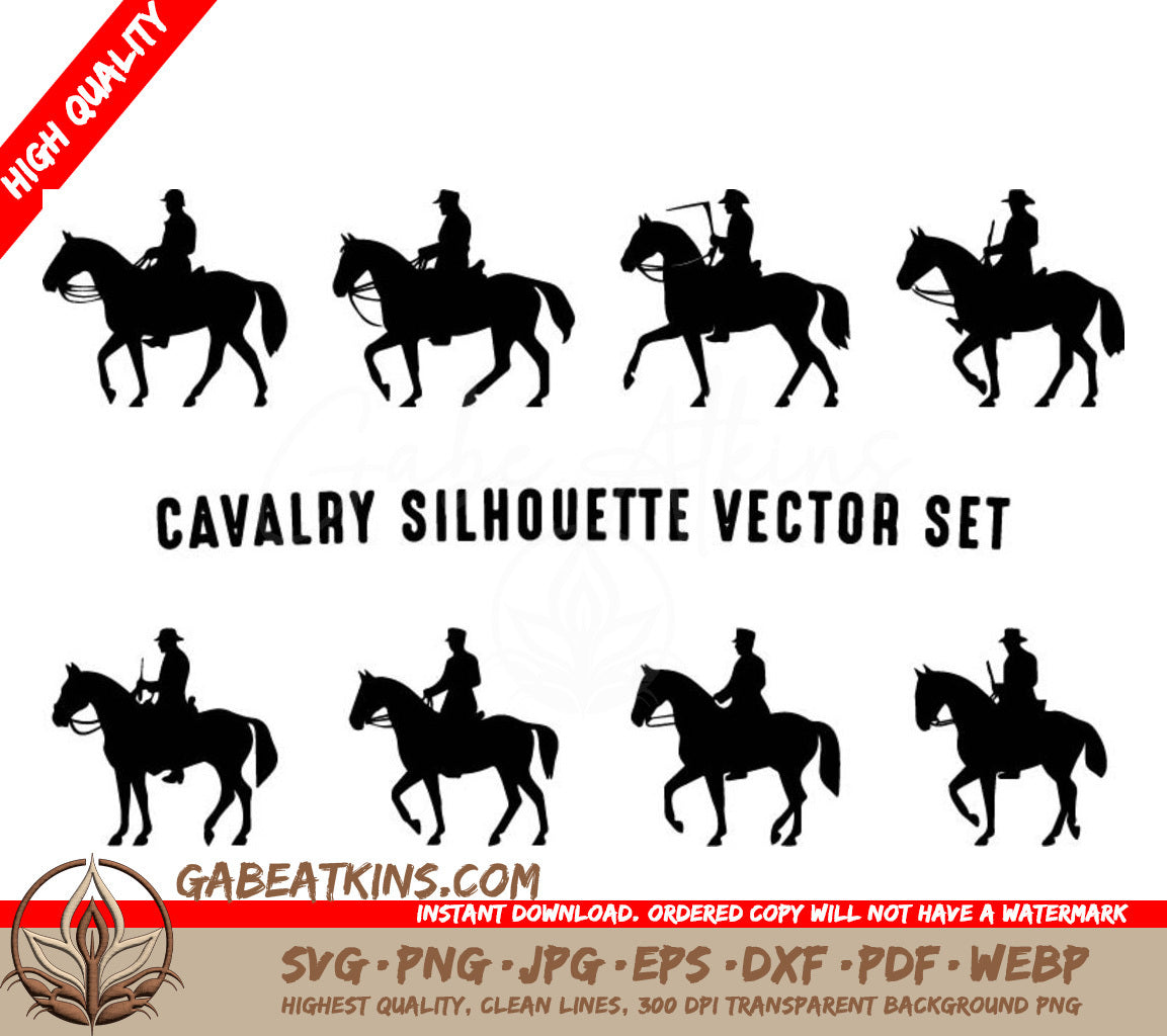 A Set Of Silhouettes Of Men Riding Horses Under The Words Cavalry Silhouette Vector Set SVG - Cavalry Silhouette black vector art Set Cavalry soldier on horseback Silhouettes SVG