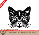 A Cats Face With Stars And A Crescent Moon SVG - Celestial Cat Majesty SVG