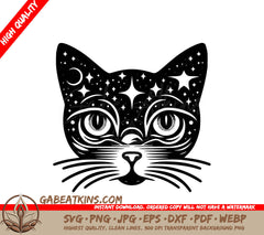 A Cats Face With Stars And A Crescent Moon SVG - Celestial Cat Majesty SVG