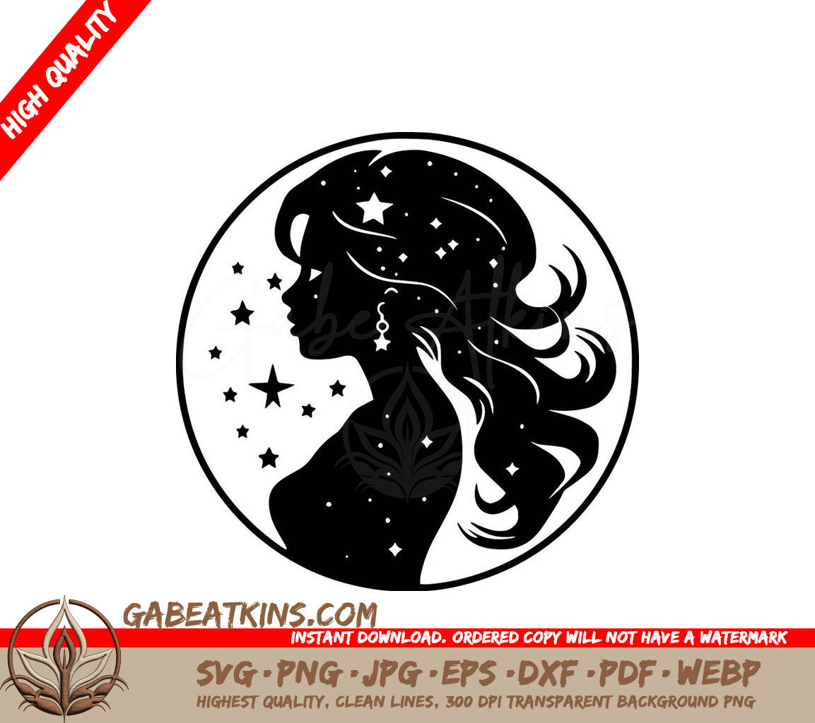 A Silhouette Of A Woman With Stars In Her Hair SVG - Celestial Lady SVG