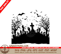 A Black And White Drawing Of A Cemetery With Zombies And Bats