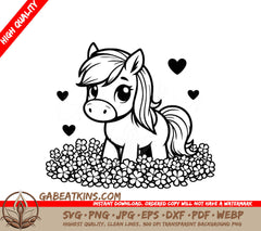 A Horse Surrounded By Flowers And Hearts SVG - Cheerful Pony with Flowers SVG
