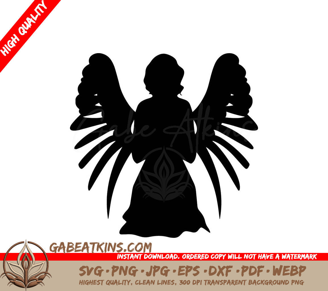A Black Silhouette Of An Angel With Wings Spread SVG - Christmas Angel SVG