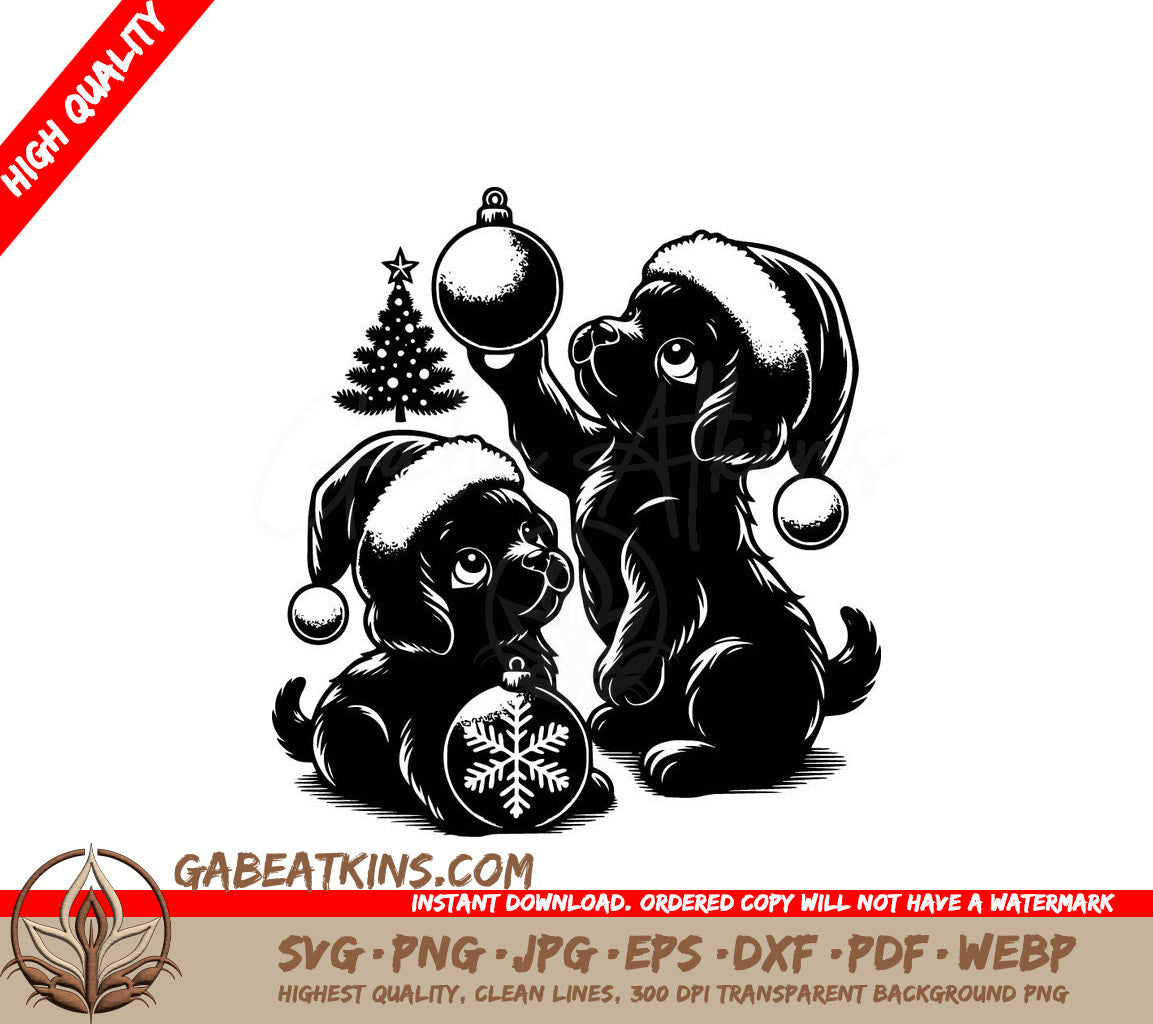 Two Puppies Wearing Santa Hats Are Decorating A Christmas Tree SVG - Christmas Canines SVG