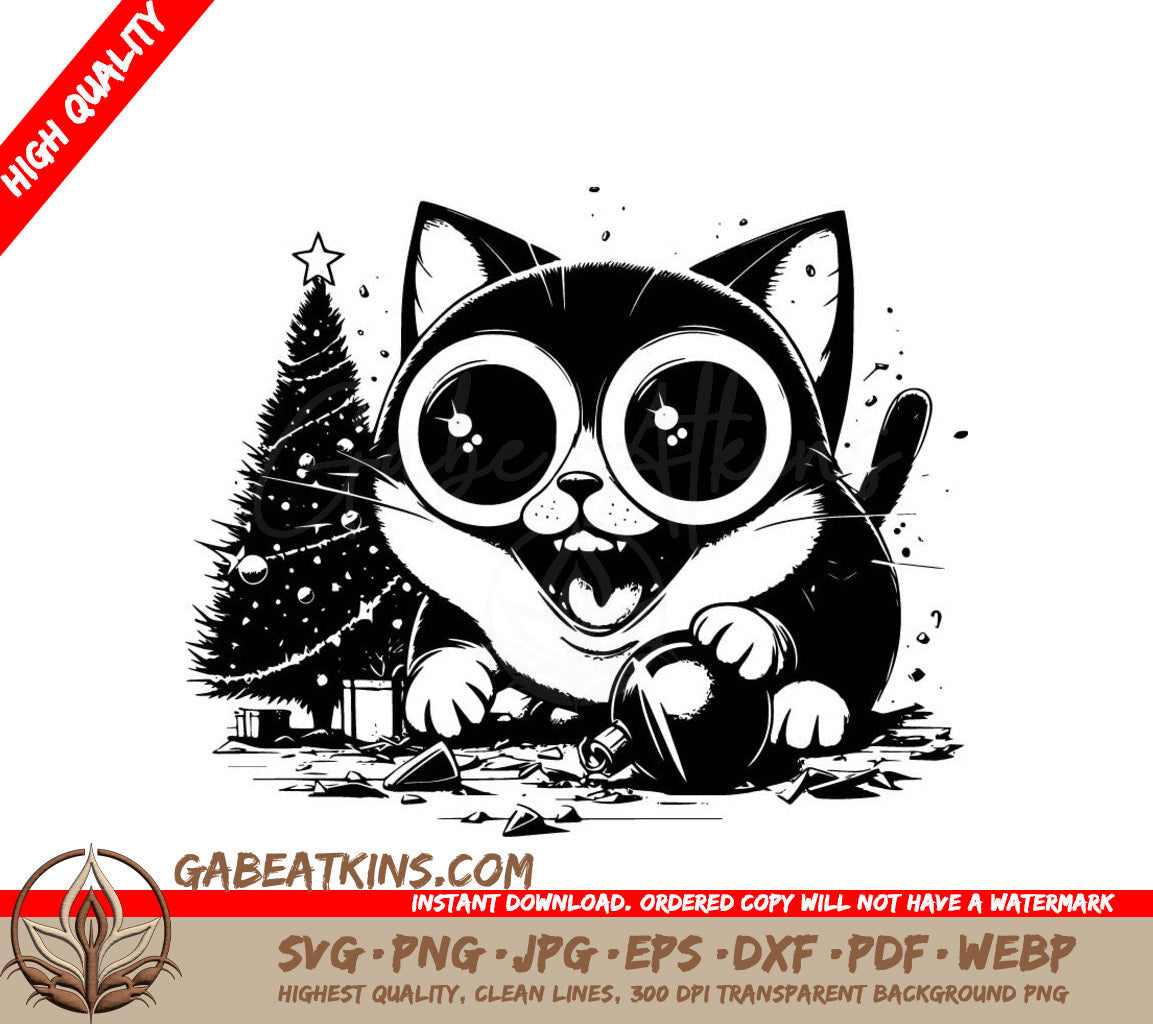 A Cat Holding A Christmas Ornament In Front Of A Christmas Tree SVG - Christmas Cat Antics SVG